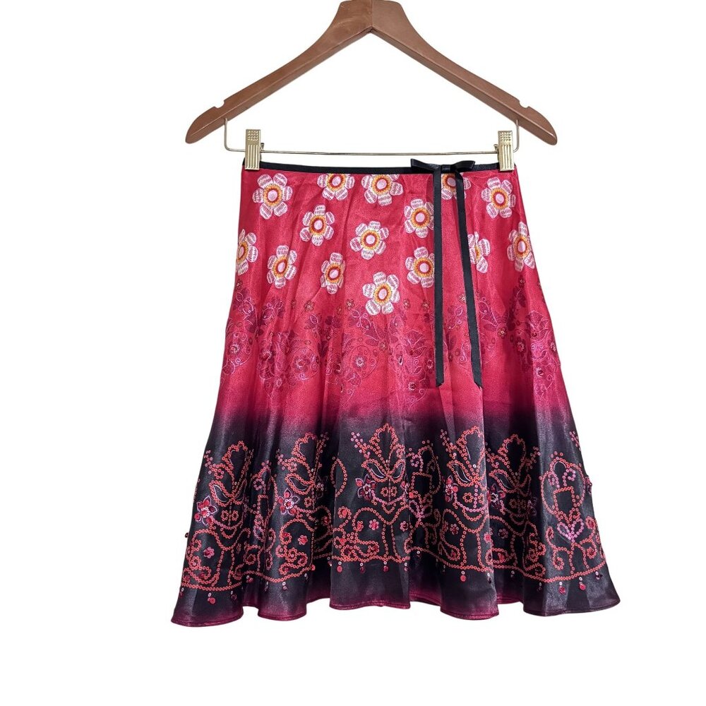 Vintage Y2K Secret Charm Women Pink Black‎ Floral Sequin A-Line Skirt Size 14
